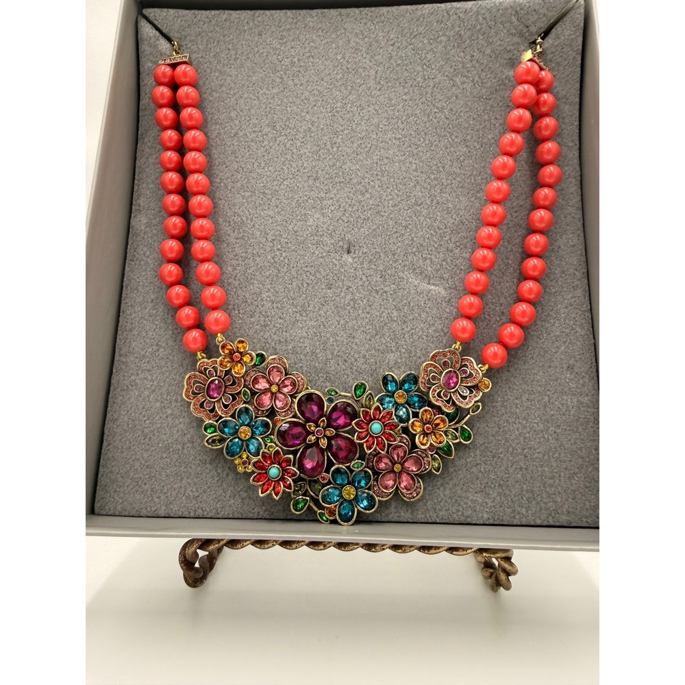 Floral Crystal Bib Necklace‎ Coral Beaded Double Strand Statement Jewelry